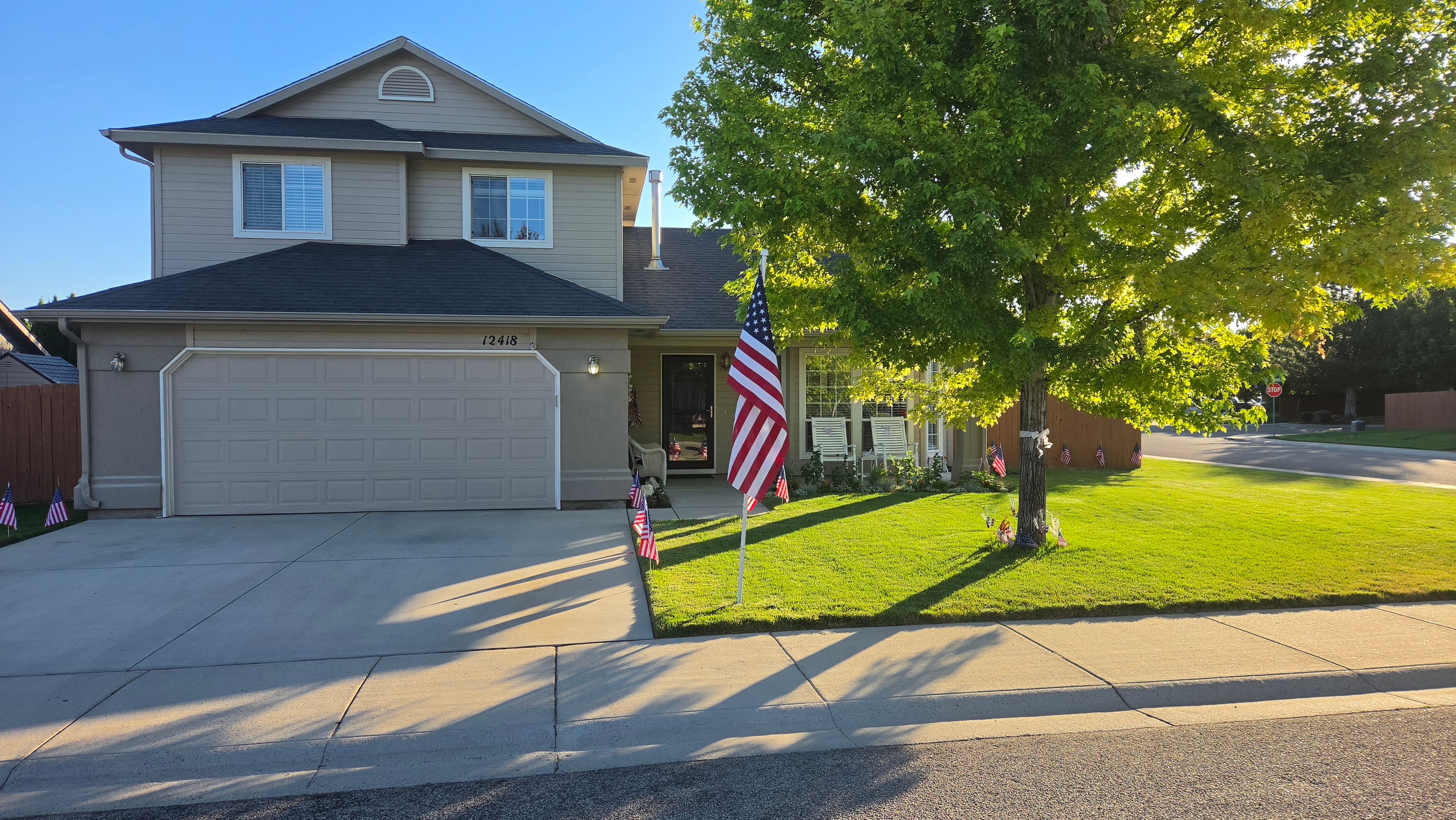 American flags displayed in front of a Boise home.