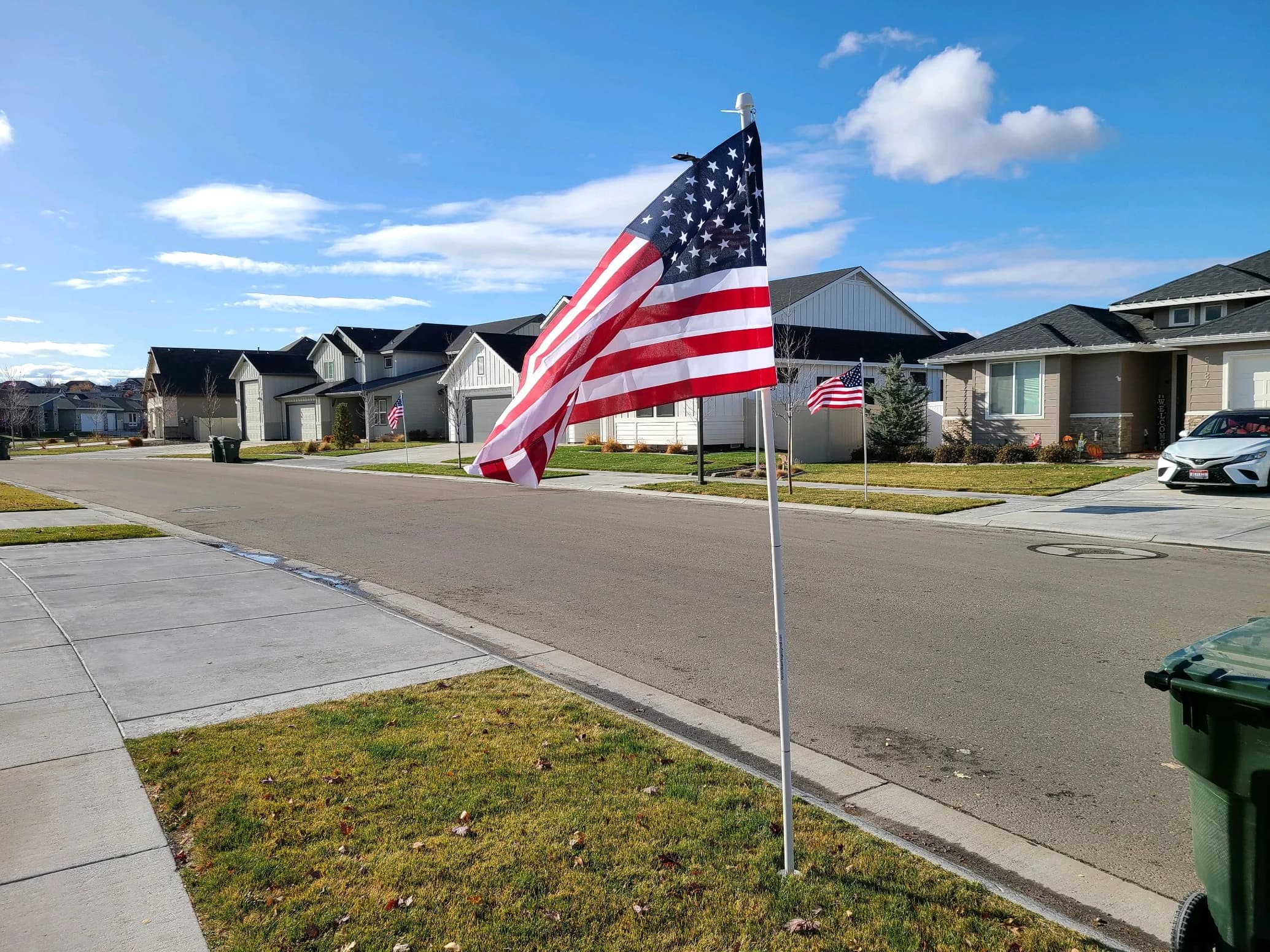 American flags lining a Boise neighborhood street.